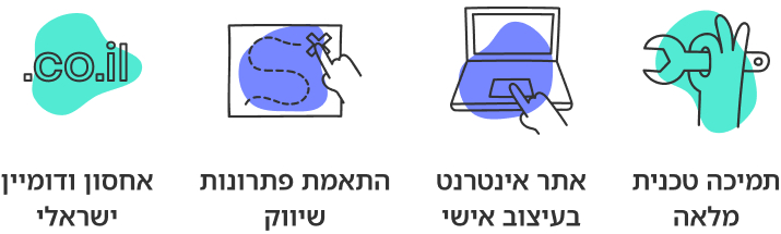 מה כלול: תמיכה טכנית מלאה, אתר אינטרנט בעיצוב אישי, התאמת פתרונות שיווק, אחסון ודומיין ישראלי